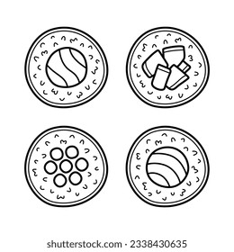 Sushi rolls set. Collection of asian food. Traditional Japanese cuisine. Hand drawn doodle style. Vector illustration isolated on white background.
