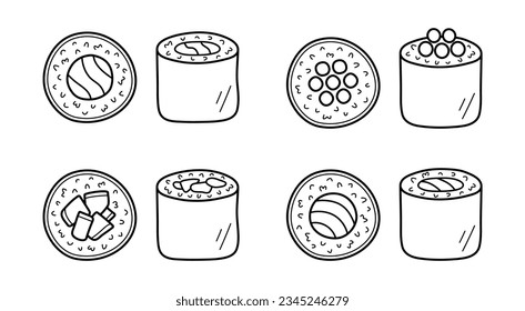 Sushi rolls set. Collection of different types of sushi. Sake maki, Ikura maki, Kappa Maki and Tuna (Maguro) maki. Hand-drawn doodle vector illustration isolated on white.