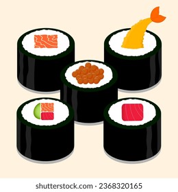 Rollos de sushi set colección de dibujos planos ilustración de la comida japonesa