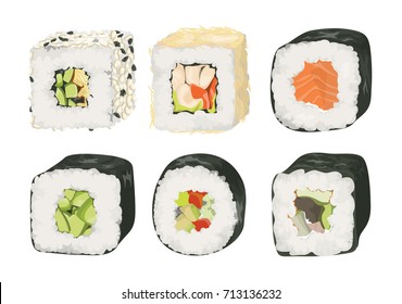 Sushi rolls set. Different filling as fish, vegetables and cheese.