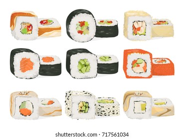 Sushi rolls set. Different filling as fish, vegetables and cheese.