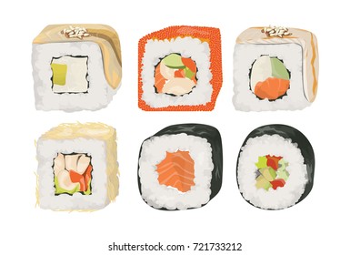 Sushi rolls set. Different filling as fish, vegetables and cheese.