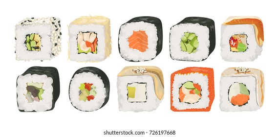 Sushi rolls set. Different filling as fish, vegetables and cheese.