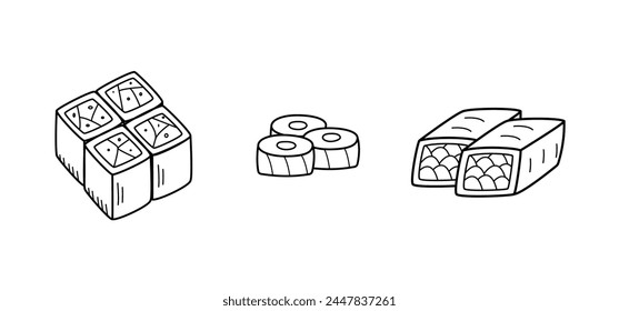 Sushi and rolls set doodle style. Vector illustration of Japanese Asian cuisine, menu icons for restaurants.