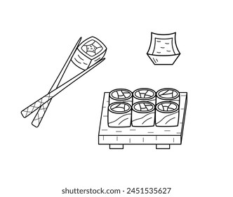 Sushi y rollos al estilo doodle. Ilustración vectorial de cocina asiática japonesa, iconos de menú para restaurantes.