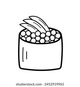 Sushi and rolls set doodle style. Vector illustration of Japanese Asian cuisine, menu icons for restaurants.