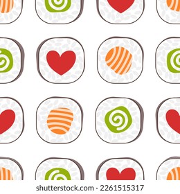 Sushi rolls set with heart signs, seamless pattern on white background