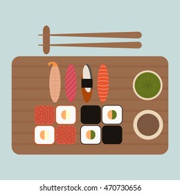 Sushi and rolls set isolated on blue background Japanese food set Seafood vector icons