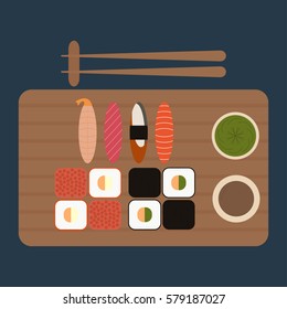 Sushi and rolls set isolated on blue background Japanese food set Seafood vector icons