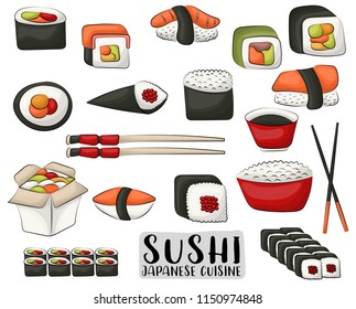 Sushi and rolls set. Japanese cuisine concept. Icons and objects for asian restaurant menu or advertisement. Vector illustration isolated on white background.