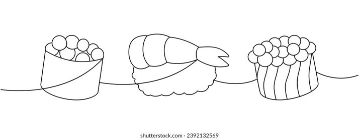 Sushi and rolls set. Japanese cuisine, traditional food one line drawing. Ikura sushi, tobiko maki, shrimp nigiri continuous one line illustration.