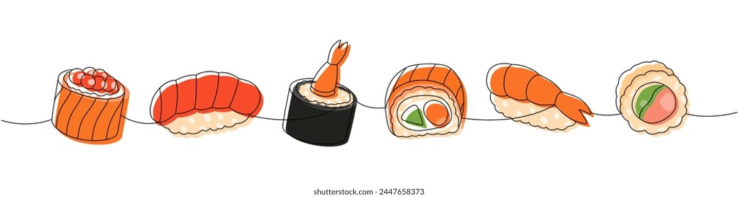 Sushi and rolls set. Japanese cuisine, traditional food one line drawing. Ikura sushi, tobiko maki, sake nigiri, shrimp, philadelphia roll, futomaki