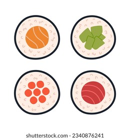 Sushi rolls set. Japanese food. Sake maki, Ikura maki, Kappa Maki and Tuna (Maguro) maki. Hand-drawn colored flat vector illustration isolated on white.