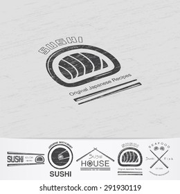 Sushi and rolls a set. Japanese kitchen. Food service. Old retro vintage grunge. Scratched, damaged, dirty effect. Monochrome typographic labels, stickers, logos and badges. Flat vector illustration