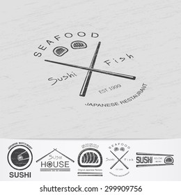 Sushi and rolls a set. Japanese kitchen. Food and service. Old retro vintage grunge. Scratched, damaged, dirty effect. Monochrome typographic labels, stickers, logo and badge. Flat vector illustration