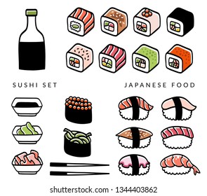 Sushi and rolls set. Japanese traditional food. Vector illustration isolated on white 