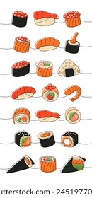 Sushi rolls set. Japanese traditional food one line drawing. Ikura sushi, tobiko maki, philadelphia roll, onigiri, shrimp nigiri, tekkamaki tuna roll