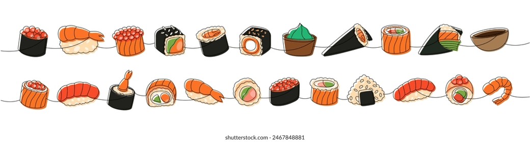 Sushi and rolls set. Japanese traditional food one line drawing. Ikura sushi, tobiko maki, philadelphia roll, onigiri, shrimp nigiri, tekkamaki tuna