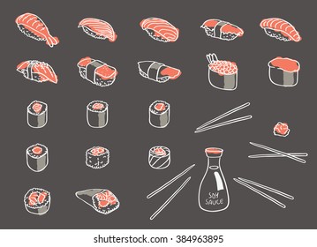 sushi and rolls set on dark background
