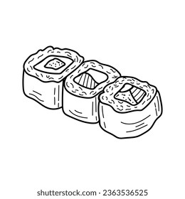 Sushi rolls set on plate doodle illustration in vector. Hand drawn sushi rolls icon in vector.	
