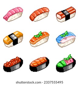 Sushi, rolls set, pixel image. Editable vector