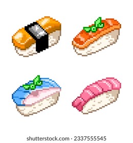 Sushi, rolls set, pixel image. Editable vector