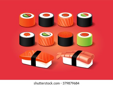 Sushi and rolls set with realistic 3d effect. Japanese food. 