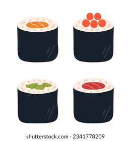 Sushi rolls set. Sake maki, Ikura maki, Kappa Maki and Tuna (Maguro) maki. Traditional Japanese food. Hand-drawn colored flat vector illustration isolated on white background.