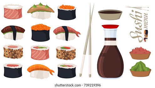 Sushi rolls set sashimi seafood fish rice japanese food fresh soy sauce japan meal maki raw shrimp traditional asian cuisine vector illustration. Gourmet sushi healthy wasabi seaweed appetizer.