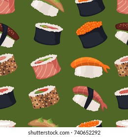 Sushi rolls set sashimi seafood fish rice japanese food fresh soy sauce japan meal maki raw shrimp restaurant traditional asian cuisine vector illustration. Seamless pattern background appetizer.
