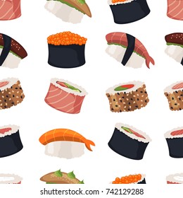 Sushi rolls set sashimi seafood fish rice japanese food fresh soy sauce japan meal maki raw shrimp restaurant traditional asian cuisine vector illustration. Seamless pattern background appetizer.