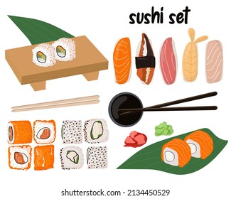 Sushi and rolls set and serving items . Traditional Japanese cuisine with fresh seafood. Cartoon hand drawn vector illustration.