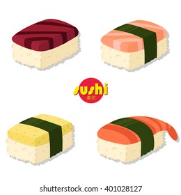 sushi and rolls set. Soy sauce and sushi roll. Japanese food. Vector cartoon. 