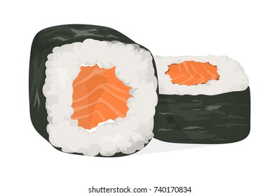 Sushi rolls set. Syake maki rolls with fish, vegetables and nori.