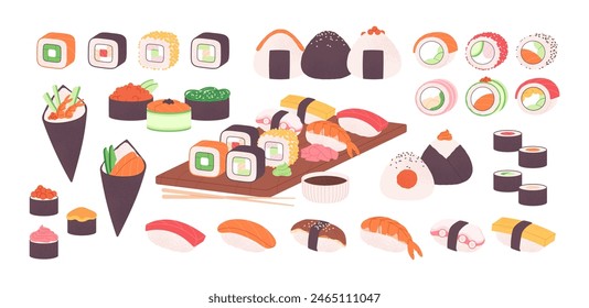 Sushi rolls set. Tasty asian style food, onigiri and roll with rice, vegetables and fish. Traditional serving with soy sauce, racy vector clipart