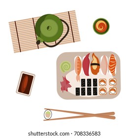Sushi and rolls set. Top view Japanese Food isolated on white background. Vector illustration eps 10