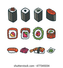 Sushi rolls set in vector. Hand drawn illustration of traditional japanese seafood. Can be used for branding or menu of asian cuisine restaurant and raw bar