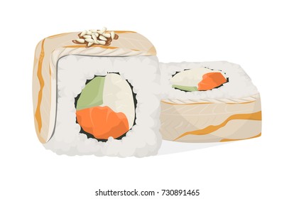 Sushi rolls set. White rolls with fish, vegetables and sesame seeds.