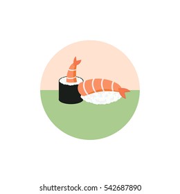 Sushi rolls with shrimp vector illustration isolated on white background. Japanese food. Icon. Flat style