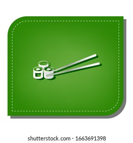 Sushi Rolls. Silver gradient line icon with dark green shadow at ecological patched green leaf. Illustration.