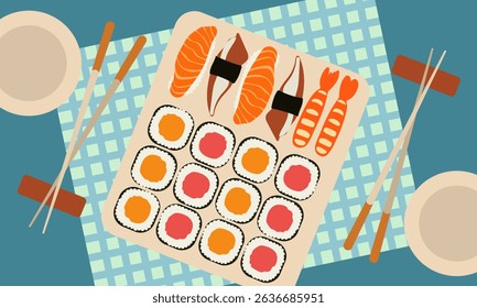 Sushi and rolls in a square plate on a checkered napkin. Asian cuisine. Delicious Japanese food. Top view