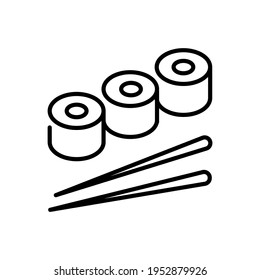 Sushi rolls thin line icon isolated on white. Japanese dish with rice, fish, wrapped in nori seaweed strips, chopsticks outline pictogram. Take away fast food vector element for infographic, web.