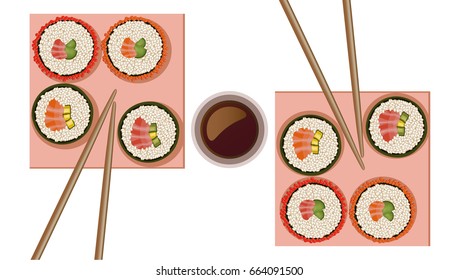 Sushi rolls top view flat style Vector