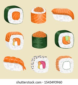 Sushi rolls traditional seaweed fresh raw food. Asia cuisine restaurant delicious.Sushi rolls flat food and japanese seafood sushi rolls . Sushi  set