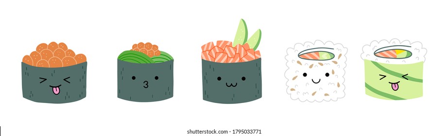 Sushi rolls and uramaki with cute kawaii faces. Uramaki roll with salmon, avocado. Gunkan maki sushi with salmon caviar, wakame, salmon and avocado. Set of hand drawn japanese food vector illustration