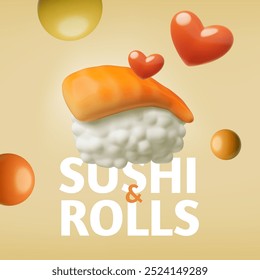 Sushi y rollos de Vector de caricaturas 3D estilo cartel publicitario. Render sushi con pescado rojo, arroz y nori. Flyer con plato tradicional asiático. Anuncio chino realista de la promoción de la comida adornado con los corazones