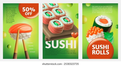 Sushi e rolos vetor 3D estilo cartoon cartazes publicitários set. Renderize sushi com peixe vermelho, arroz e nori, caviar e wasabi. Folhetos promocionais com pratos asiáticos tradicionais realistas, comida chinesa