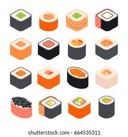 sushi rolls vector collection.Isometric illustration of japanese food on white background