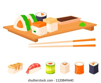 Sushi rolls vector food and japanese gourmet seafood traditional seaweed fresh raw snack illustration