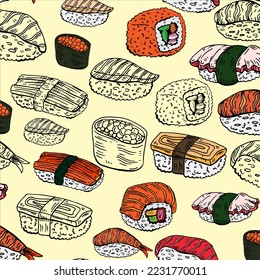 Sushi rolls vector food and japanese gourmet seafood traditional seaweed fresh raw snack illustration seamless pattern background